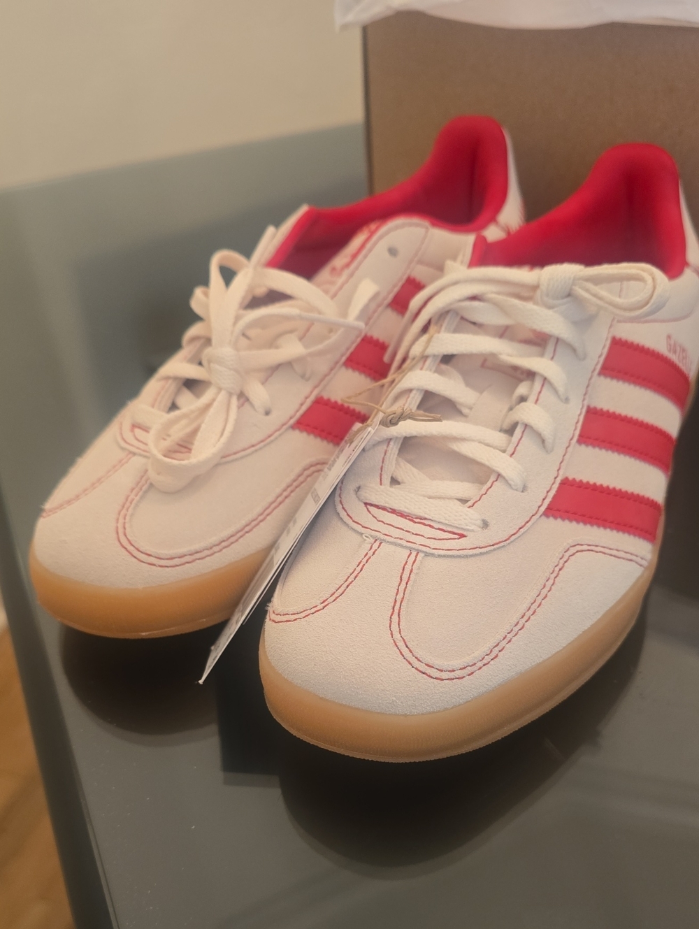 adidas White Sneakers with Red Stripes and Gum Sole